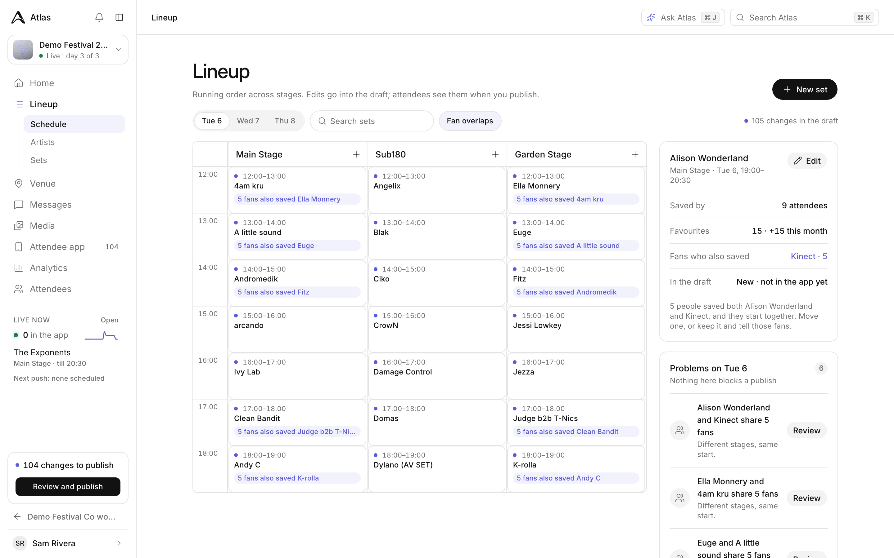 The lineup schedule across three stages, with fan-overlap tags and a panel flagging clashes.