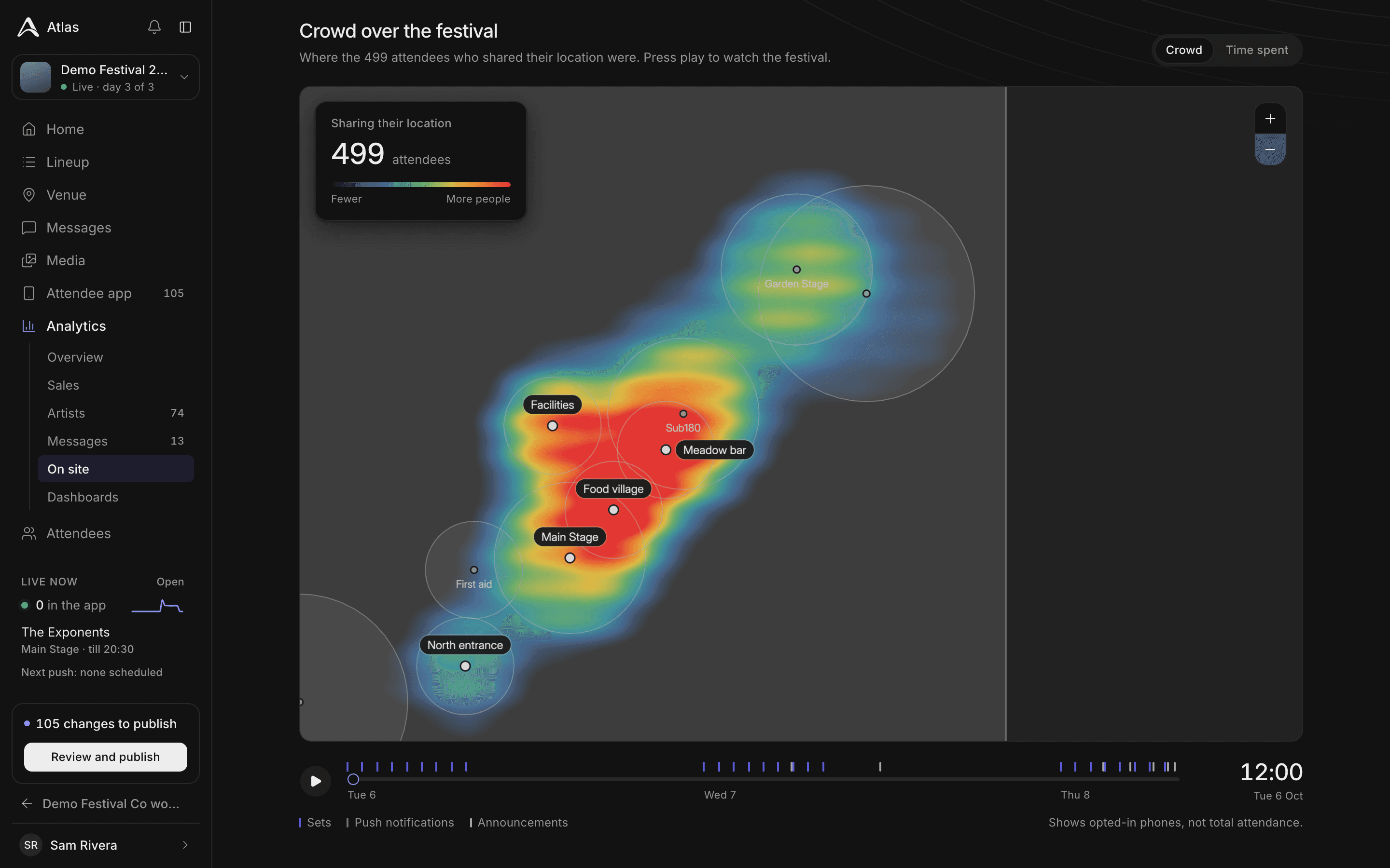 A crowd heatmap of the festival site with stage labels, a legend showing 499 attendees sharing their location, and the three-day timeline with its play button.